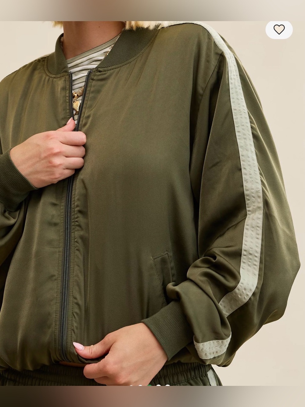 aerie Olive Satin Bomber with Side Stripe.Lined